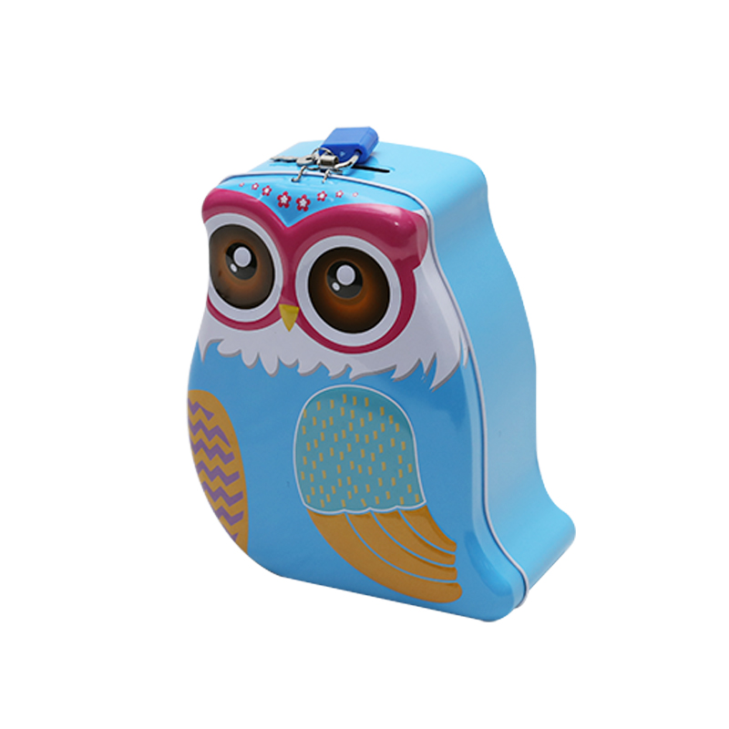 Owl-Shaped Tin  Coin Box Can With Key And Lock YC16